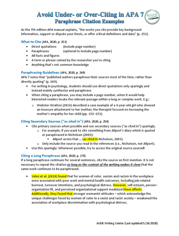 APA  - Paraphrasing and Citation Examples  PDF  Apa Style